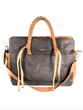 MSK Brown Tan Faux Leather Convertible Whip Stitch Tassel Zip Tote Shoulder Bag